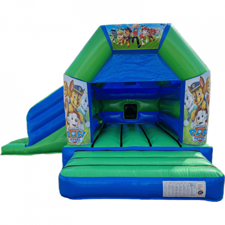 Paw Patrol Blue & Green Disco Bouncy Castle Slide Hire Farnborough - Kingdom of Castles