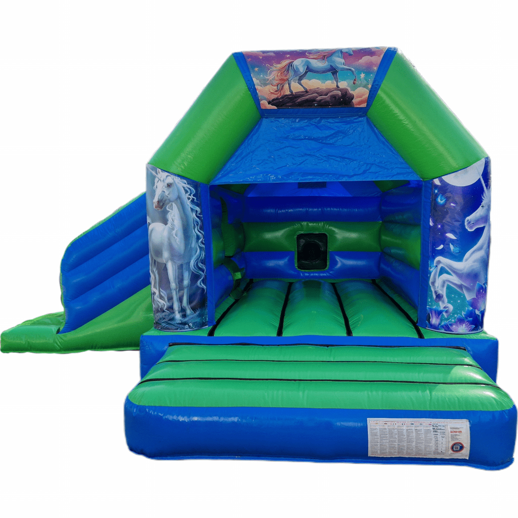 Unicorns Blue & Green Disco Bouncy Castle Slide Hire Farnborough - Kingdom of Castles