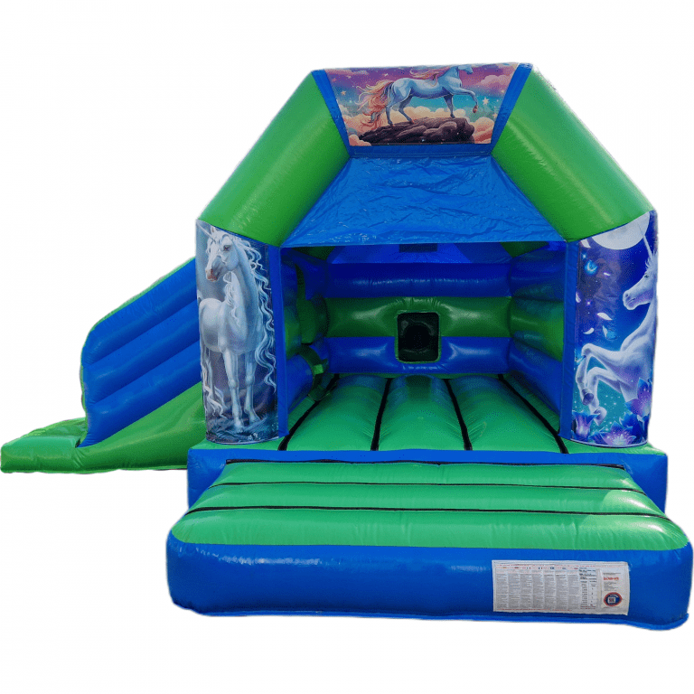 Unicorns Blue & Green Disco Bouncy Castle Slide Hire Farnborough - Kingdom of Castles