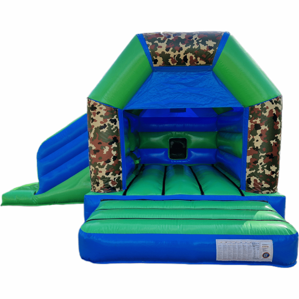 Army Camouflage Blue & Green Disco Bouncy Castle Slide for hire in Farnborough from Kingdom of Castles