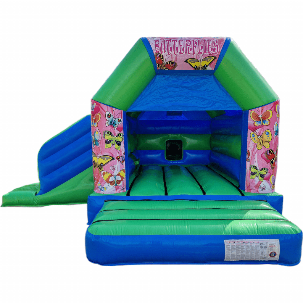 Butterflies Blue & Green Disco Bouncy Castle Slide Hire Farnborough - Kingdom of Castles