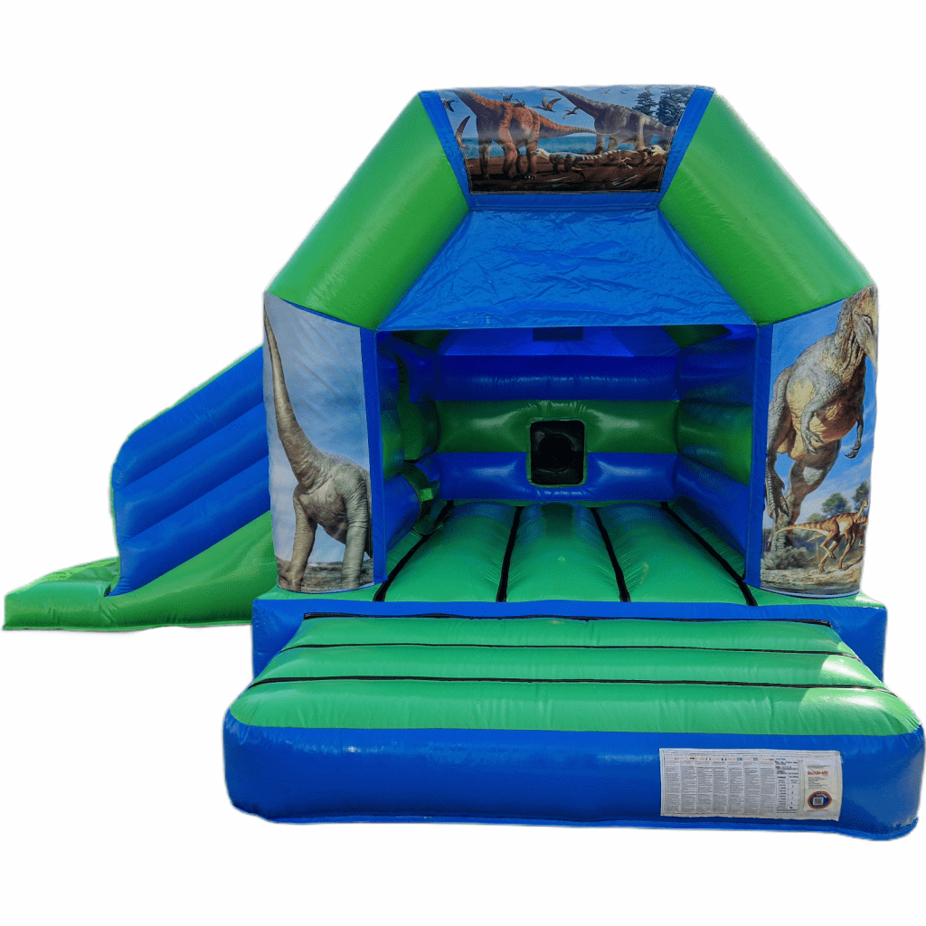 Dinosaurs Blue & Green Disco Bouncy Castle Slide for Hire in Farnborough - Kingdom of Castles