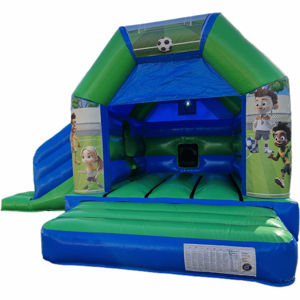 Football Blue & Green Disco Bouncy Castle Slide Hire Farnborough - Kingdom of Castles