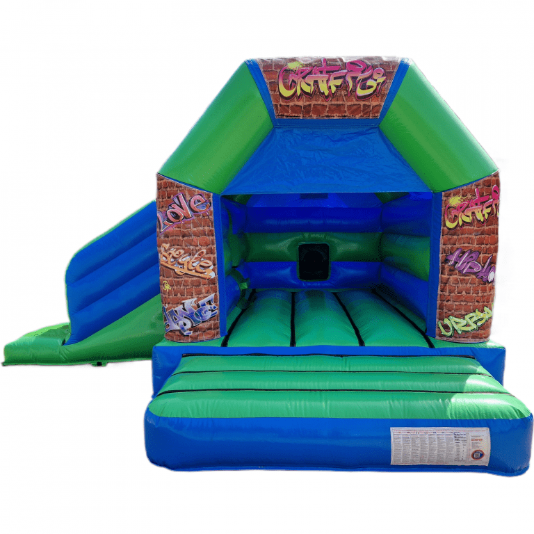 Graffiti Blue & Green Disco Bouncy Castle Slide Hire Farnborough - Kingdom of Castles