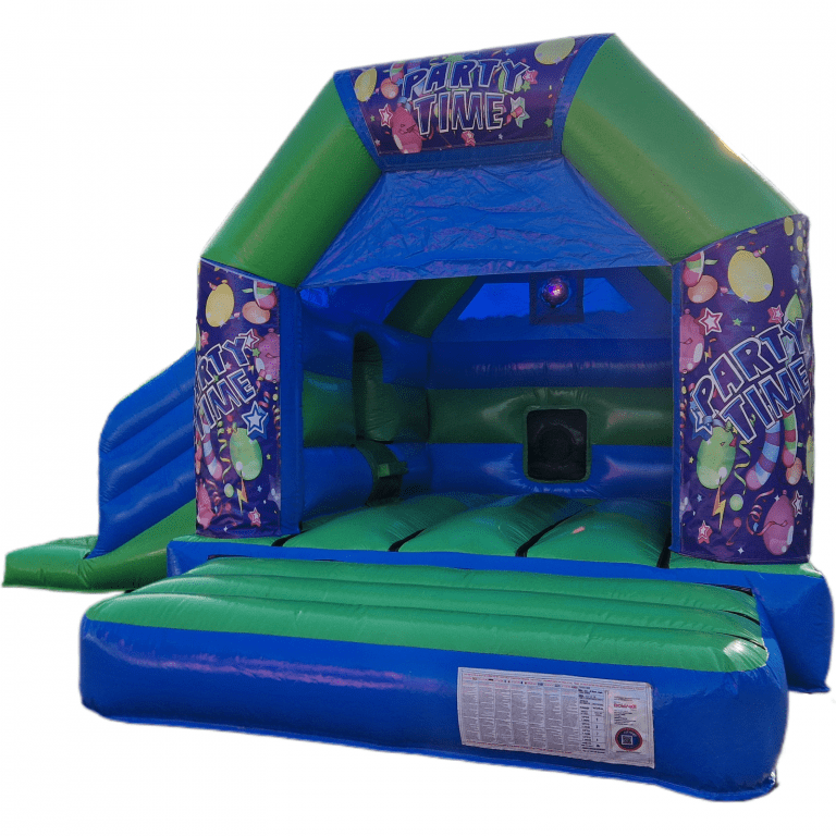 Party Time Blue, Blue & Green Disco Bouncy Castle Slide for Hire in Farnborough - Kingdom of Castles