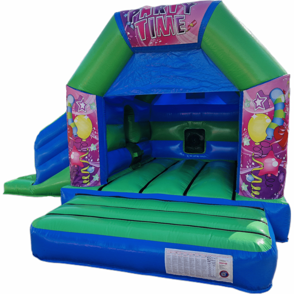 Party Time Pink Blue & Green Disco Bouncy Castle Slide for Hire in Farnborough - Kingdom of Castles