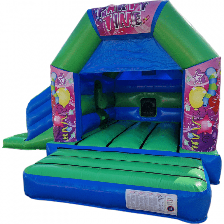 Party Time Pink Blue & Green Disco Bouncy Castle Slide for Hire in Farnborough - Kingdom of Castles