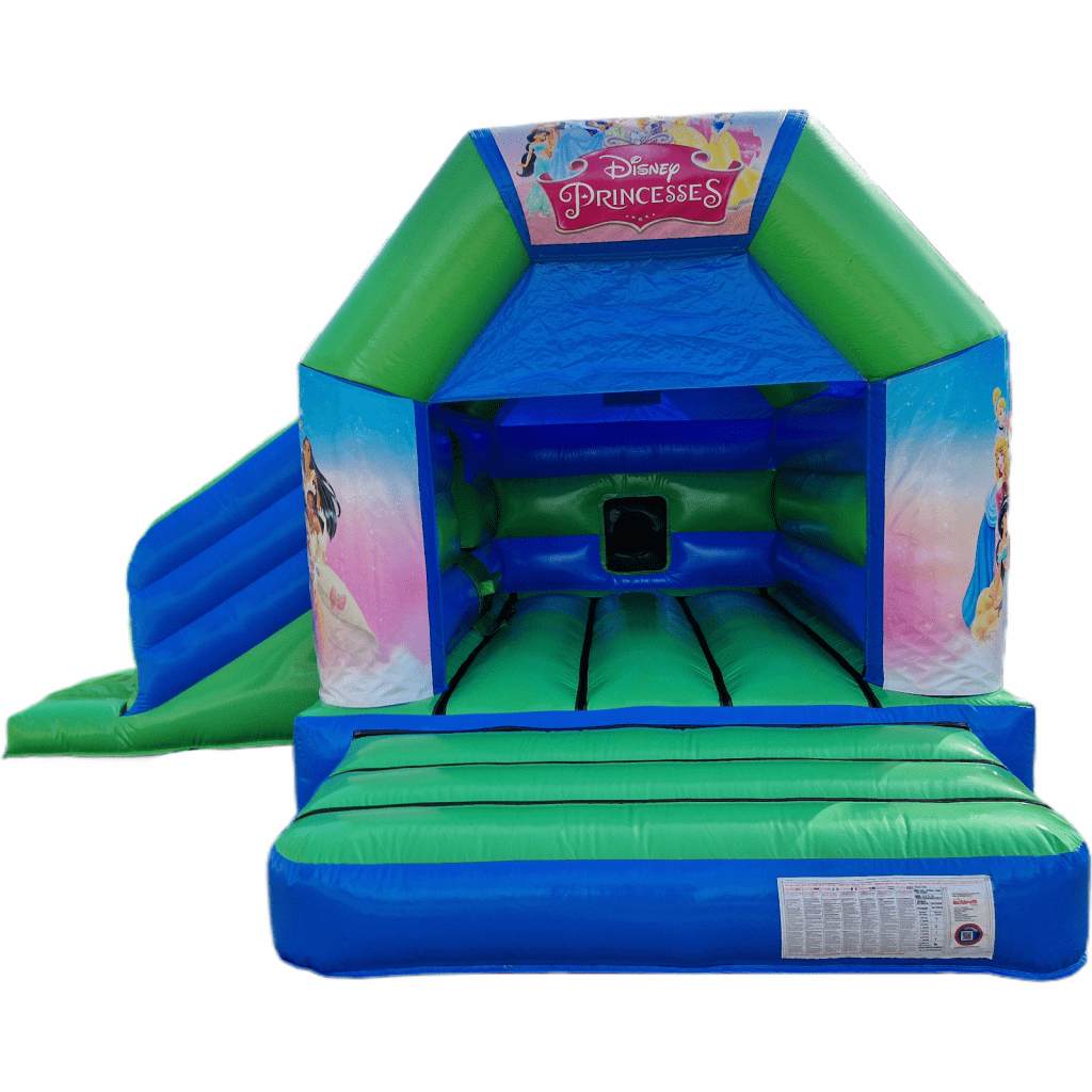 Princesses Blue & Green Disco Bouncy Castle Slide Hire Farnborough - Kingdom of Castles