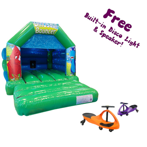 Dinosaur themed bouncy castle with 5 Didi Cars and a note saying "Free built-in disco light & speaker".