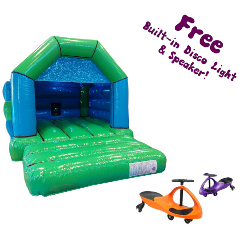 Dinosaur themed bouncy castle with 5 Didi Cars and a note saying "Free built-in disco light & speaker".