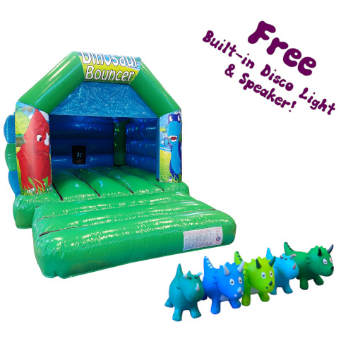 Dinosaur themed bouncy castle with 5 dinosaur hoppers and a note saying "Free built-in disco light & speaker".