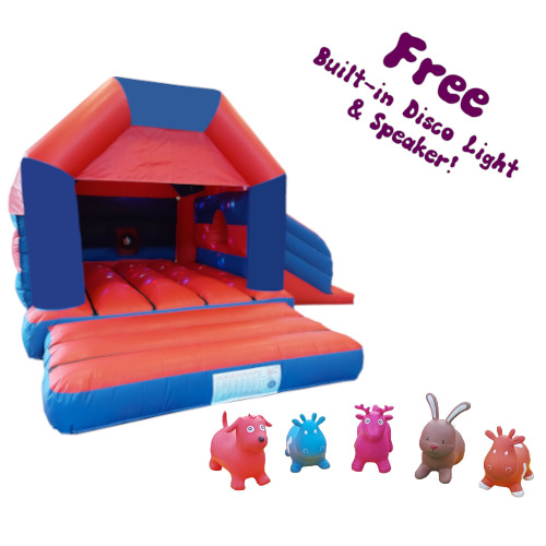 Bouncy castle with slide and 5 animal hoppers.